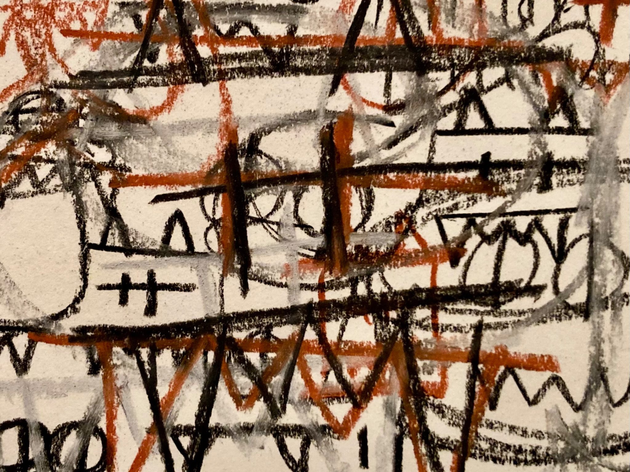 Semi abstract mark making with conté of different colours. Also contains hidden cartoon monsters