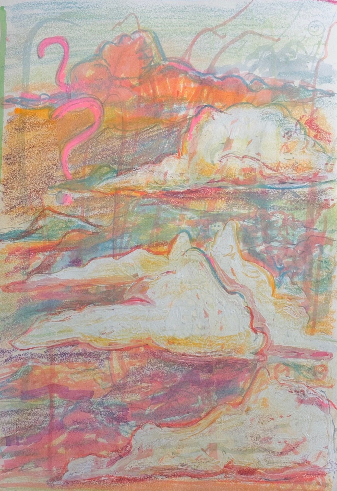 colourful pastel & felt pen drawing of cloud like shapes layered on top of scribbles