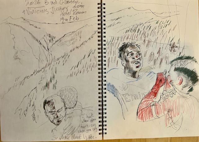 Pencil drawing of some wintry mountains and Vincius Jr ..