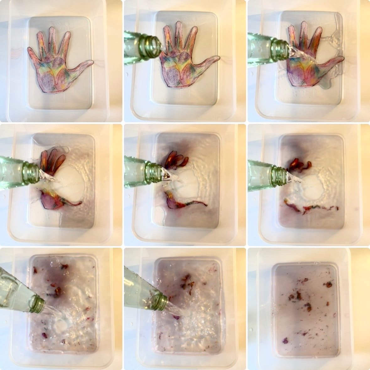 9 photos showing the process of a hand shaped water soluble fabric decorated with water soluble wax pastels dissolving in water