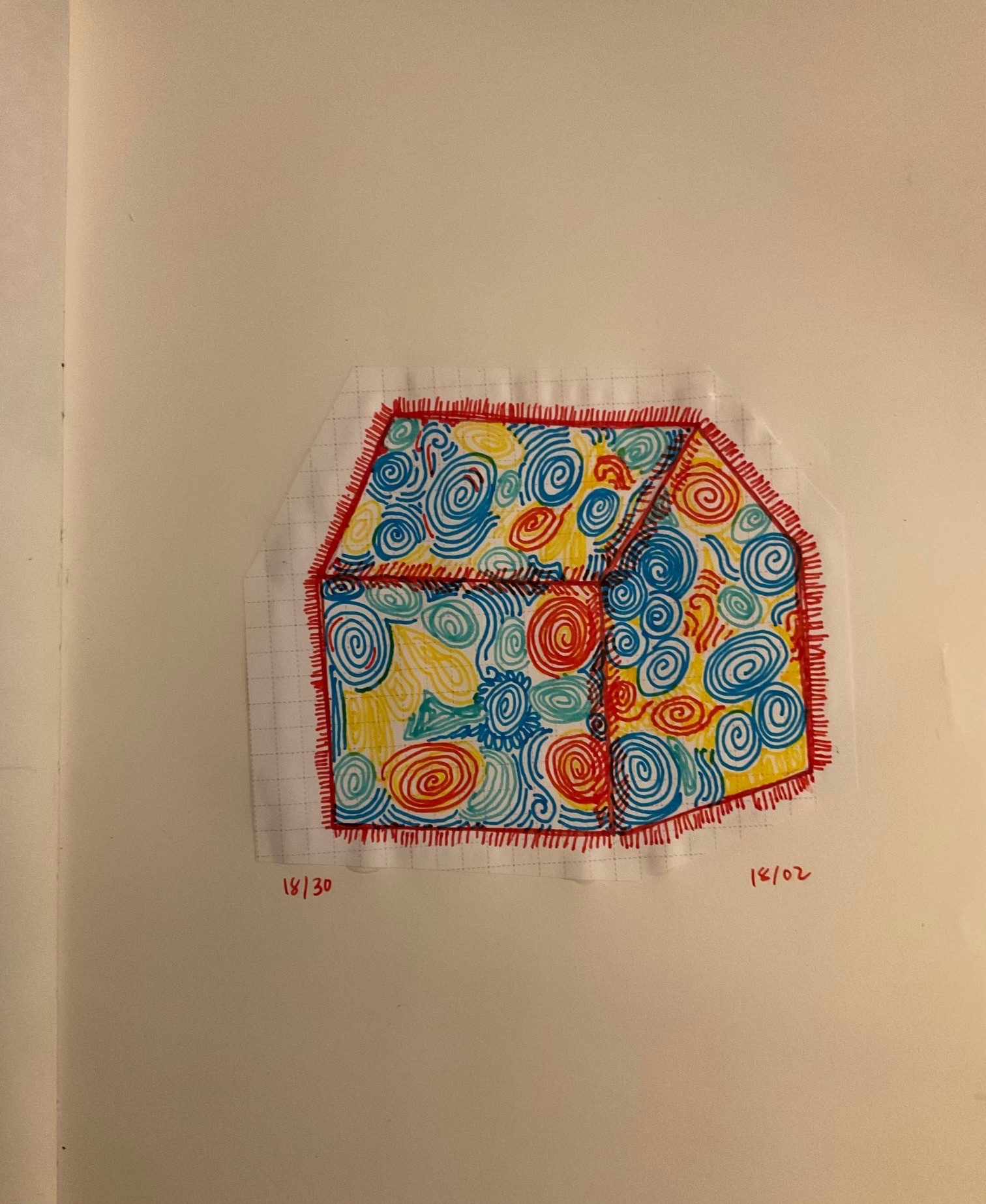 spiral doodles in red blue and yellow filling in the shape of a house