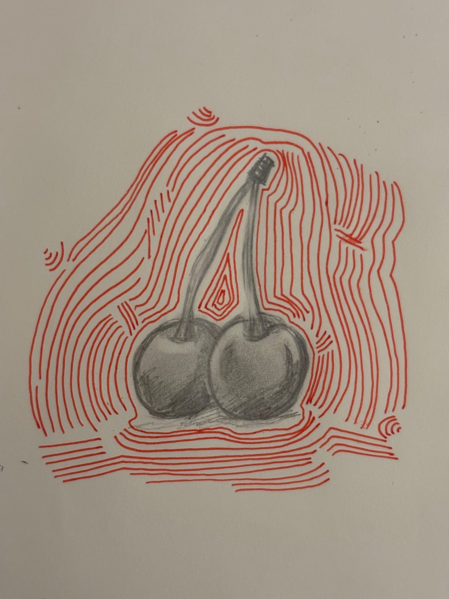 sketch of two cherries outlined in lines of red pen