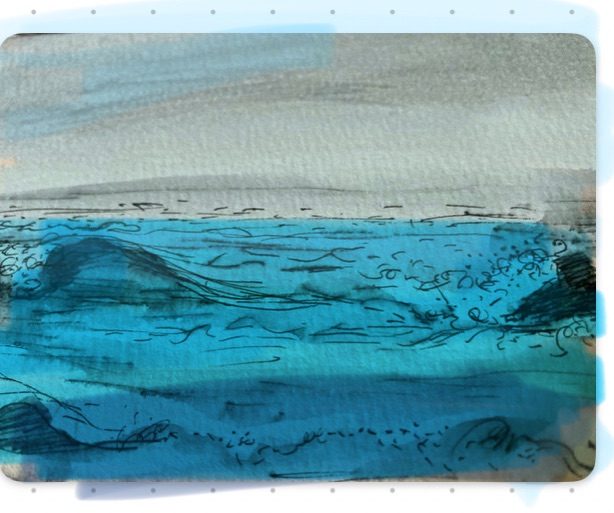 Layers of blue hues and layers of fine line pen and pencil representative of sea waves