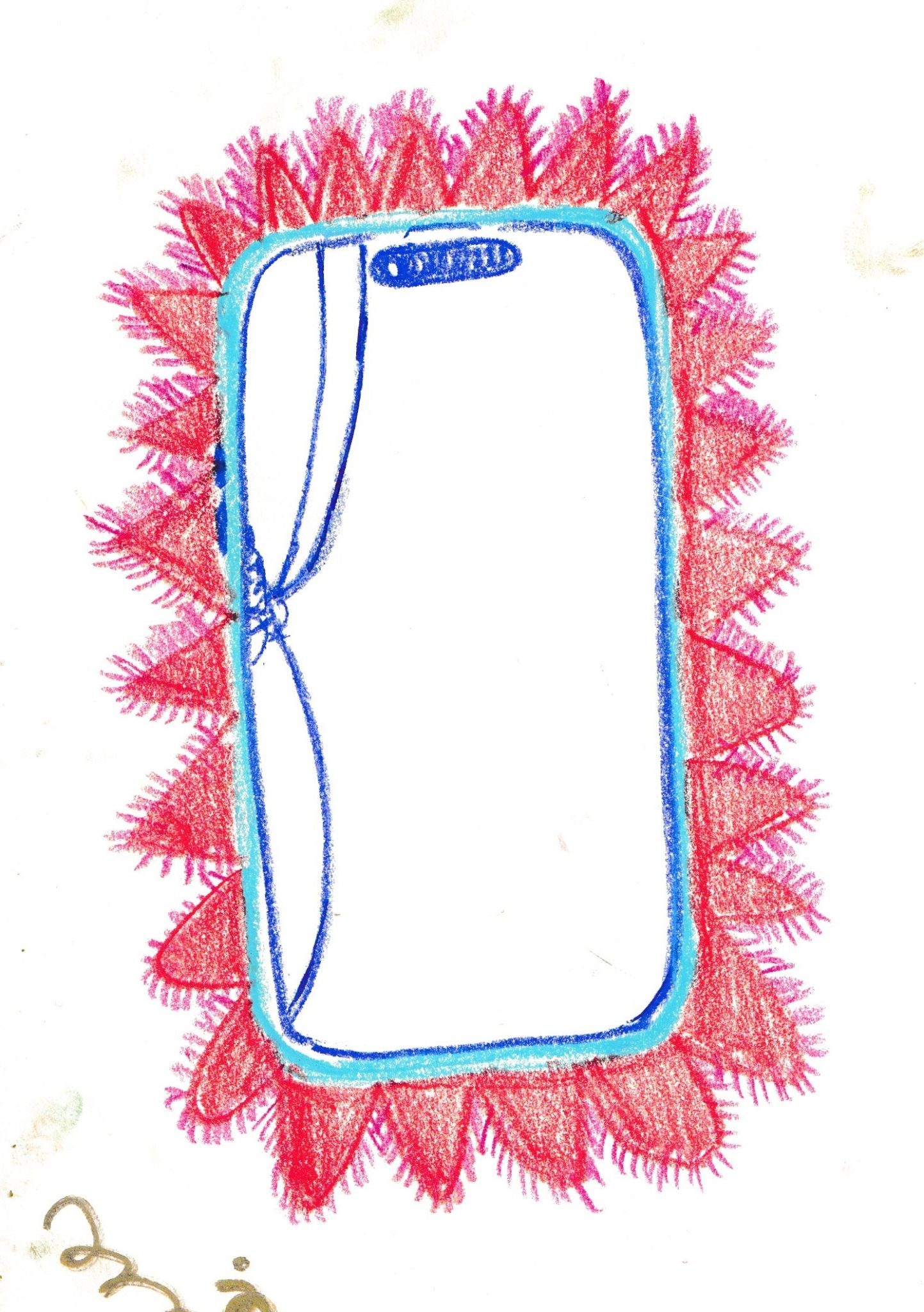 wax pastel drawing of a cracked phone surrounded with fluffy spikes