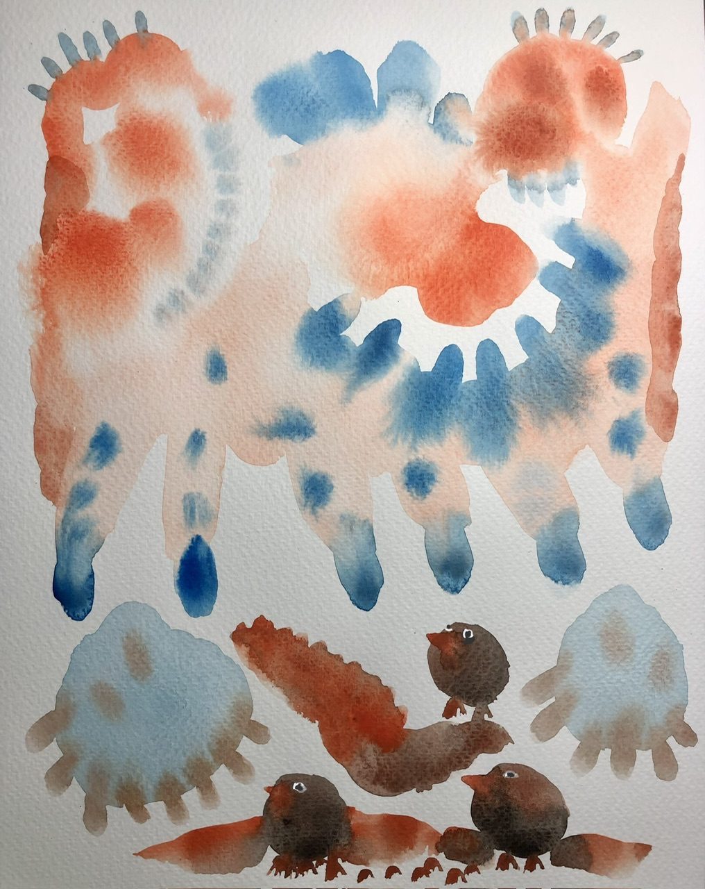 Abstract wintery watercolour with three Robin birds