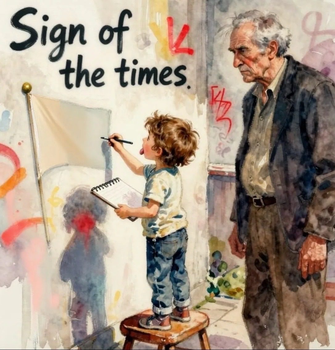 A child painting a faded flag, with a old man looking on