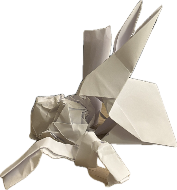 attempts at origami (crumpled paper ball) and an origami rabbit