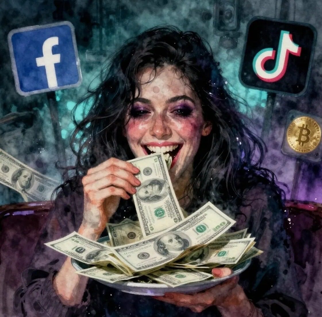 Woman eating money with signs in the bk