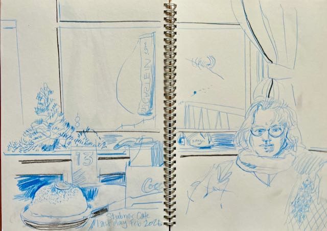 pencil on paper drawing of a person in a ski bar on a snowy day.