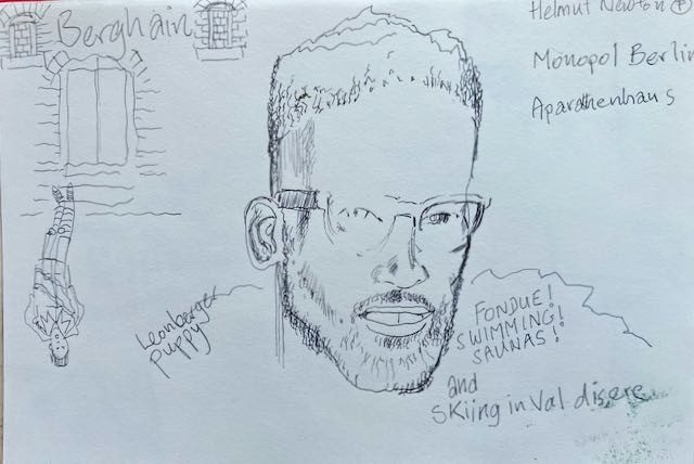 Drawing of a rap legend with paraphernalia.