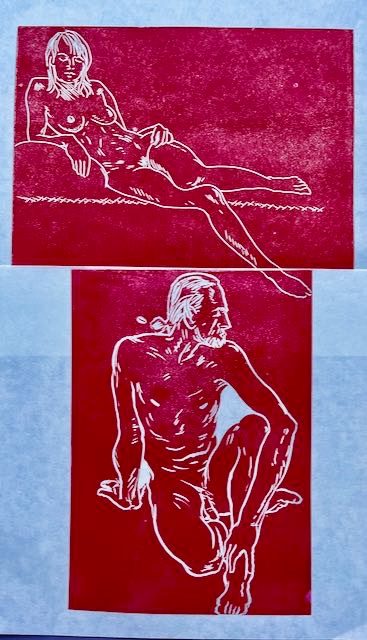 Steve and Meghan two life models - a soft cut print preliminary version.