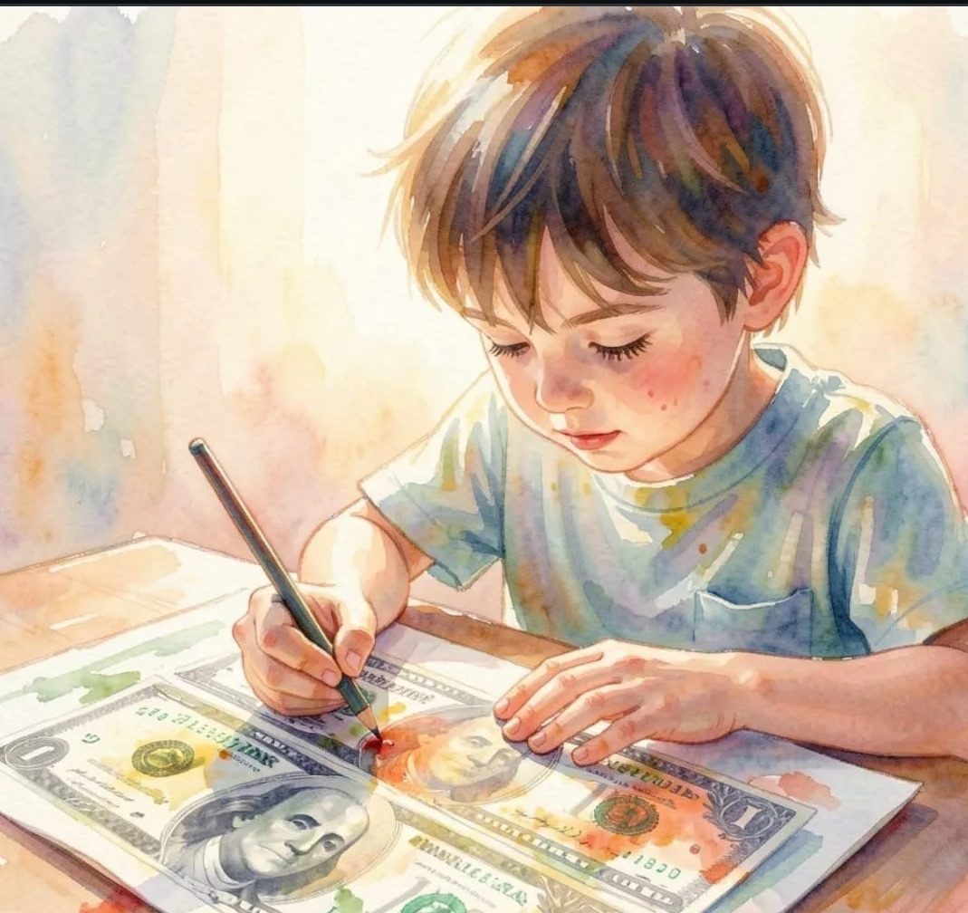 Small kid making a money sketch