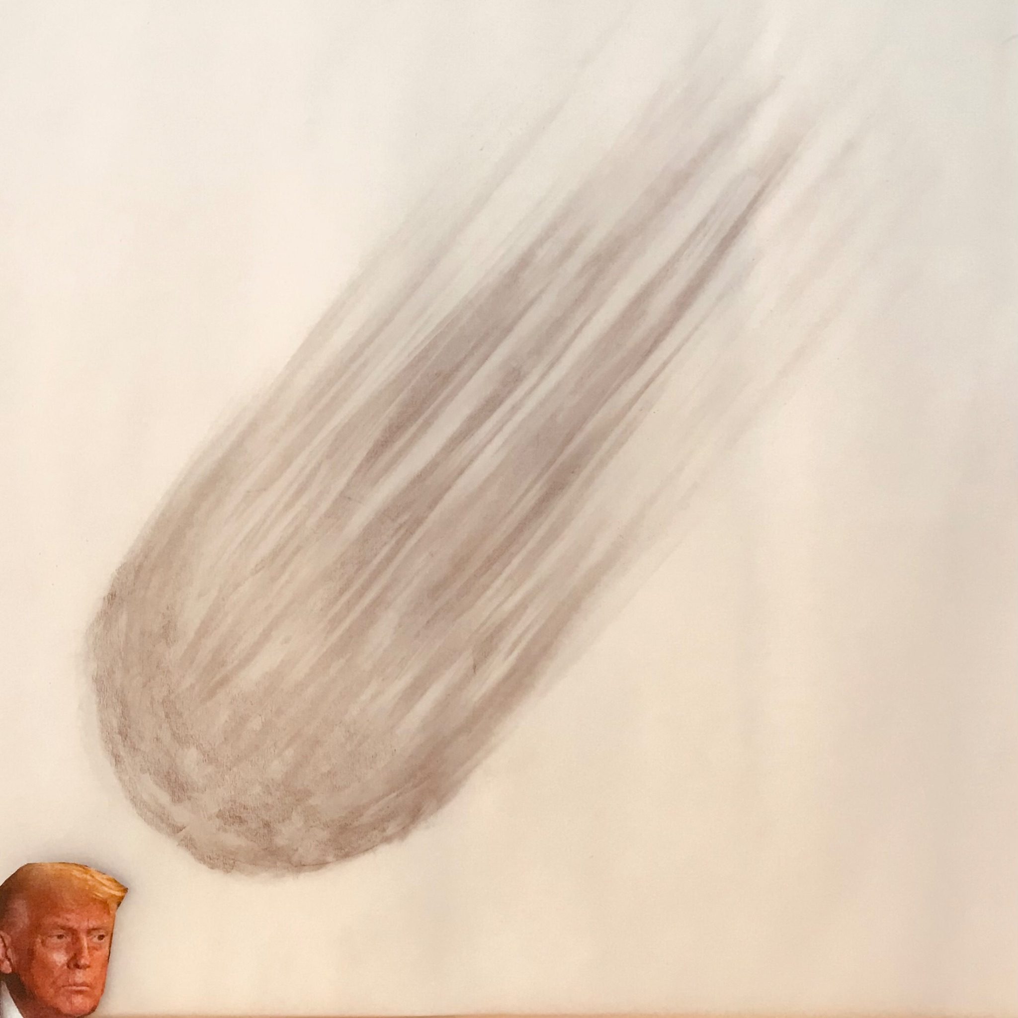 A pencil drawing of a meteorite falling in the direction of a photo of the current president of the Ununited States