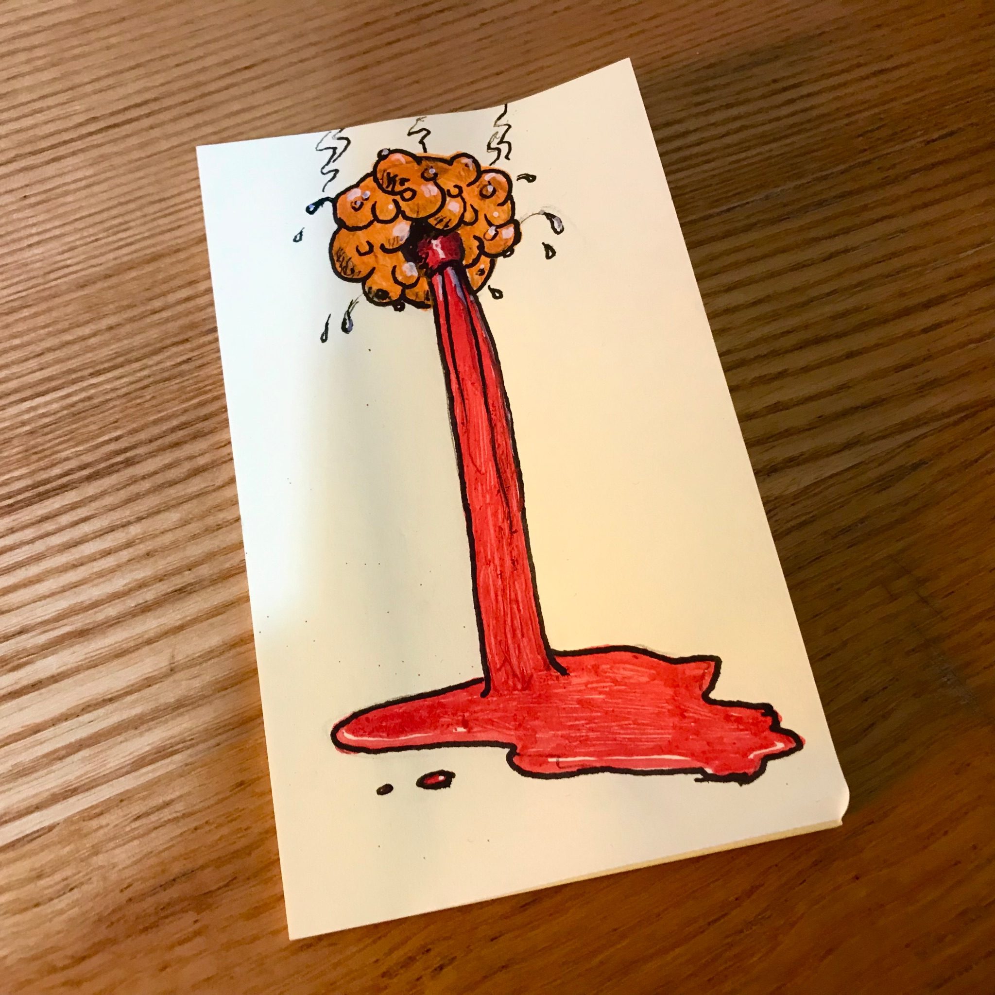 A fetid orange blob wears a long red tie that morphs into a pool of blood.