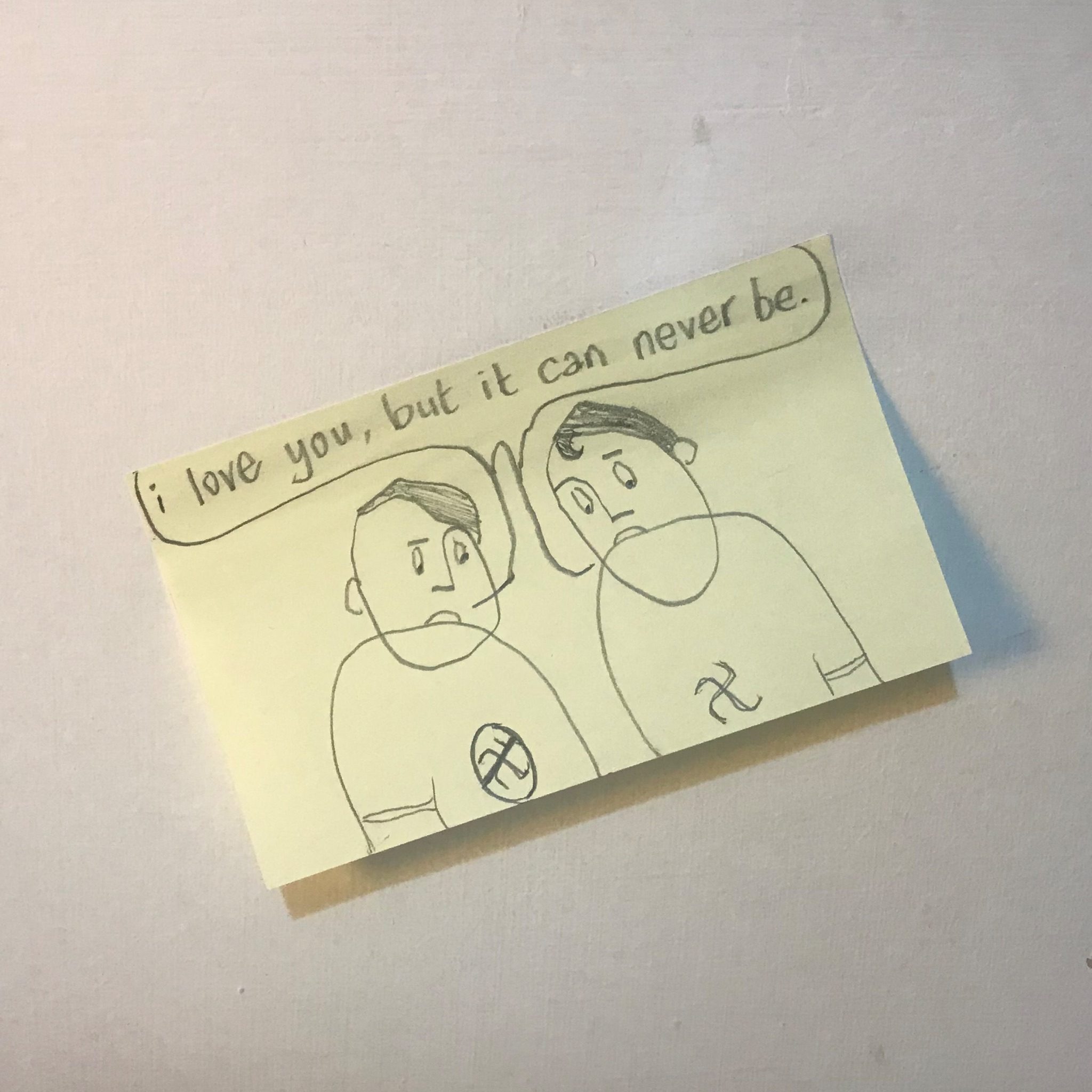 A drawing on a post-it note. Two people are saying the title of the work to each-other. One wears a t-shirt with a right-wing symbol on it, the other wears a t-shirt with the same symbol crossed out.