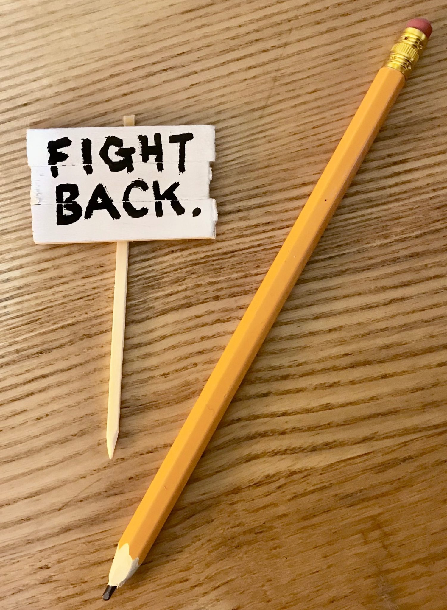 A little wooden placard with the words 'Fight Back.' written on it is photographed next to a pencil to show that it is very small.
