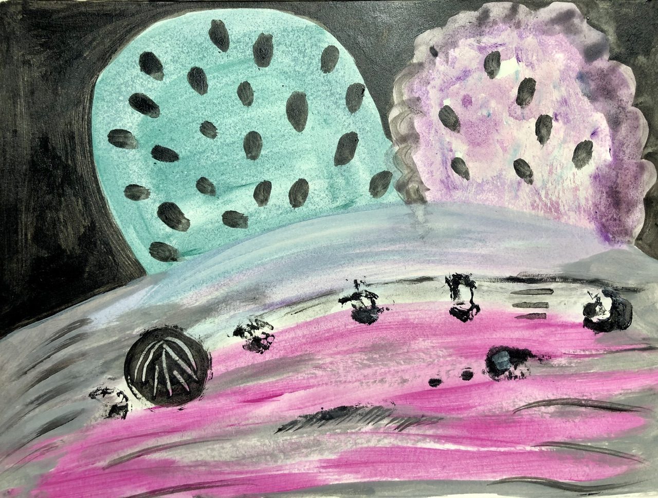 Abstract bright green and pink forms with black background