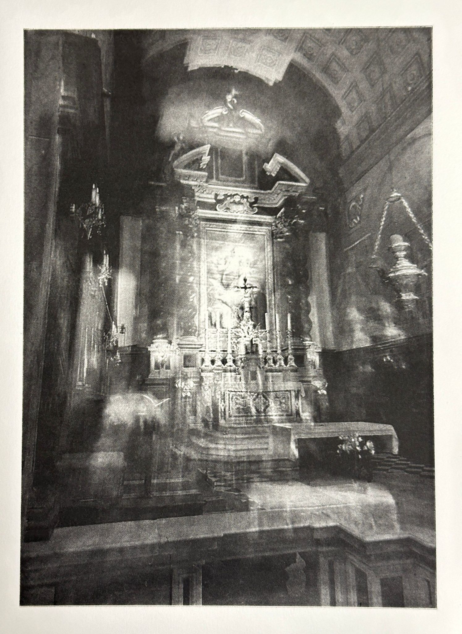 Black and white etching of the inside of a church focusing on the altar