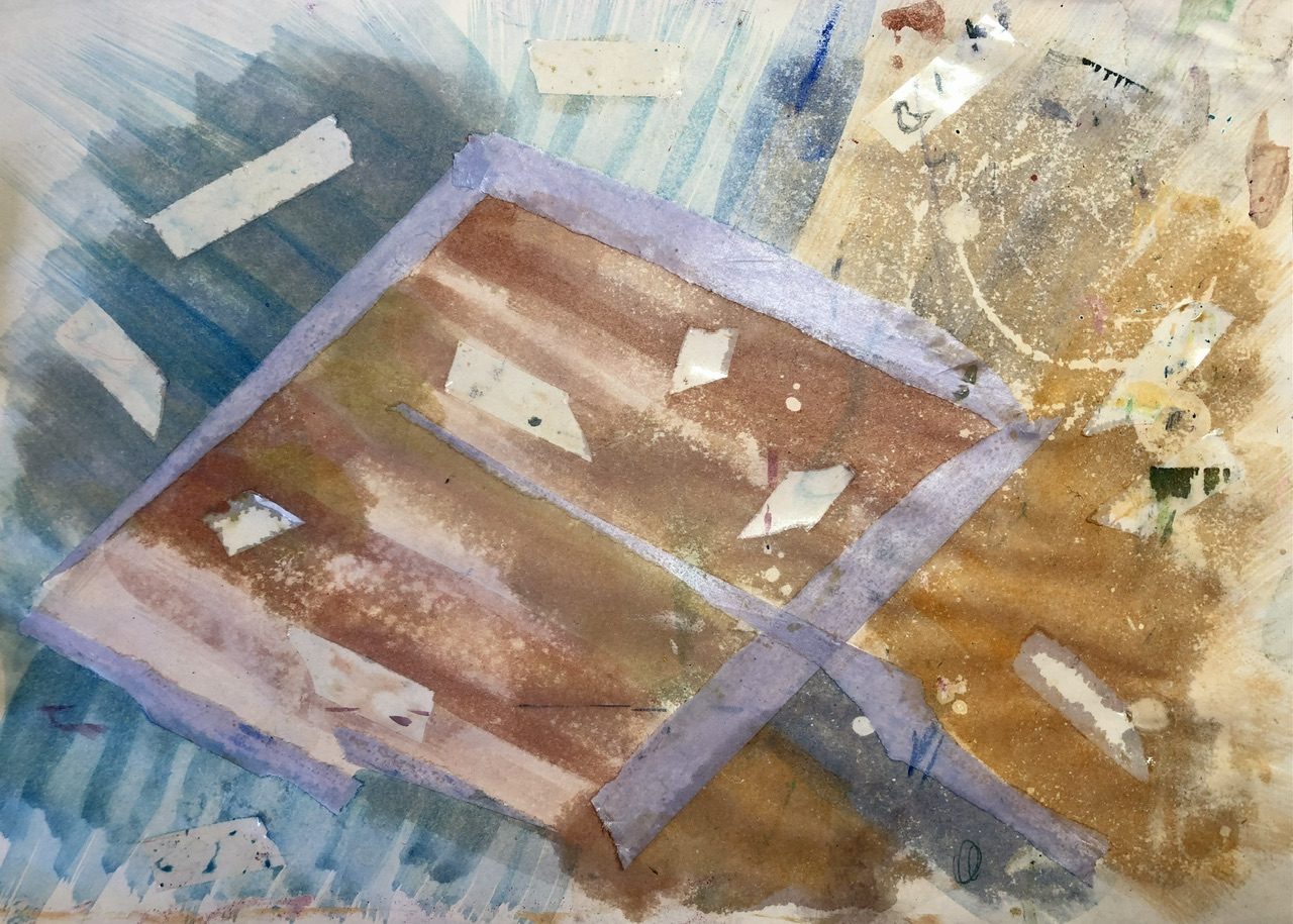 Old paper scrap with tape bits on and washed with complimentary orange and blue wash