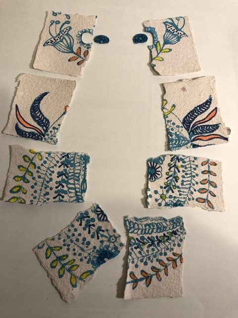 Recovery of a torn drawing, the drawing was a floral pattern with blue ink, I turned it into an owl