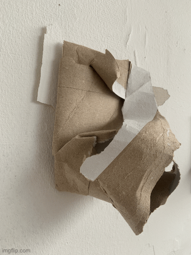 The GIF shows a series of photos including three of a sculpture made from toilet roll and two other other pictures of one side of a postcard with writing on it and another side of a postcard as well as a bit of paper attached both with writing on.