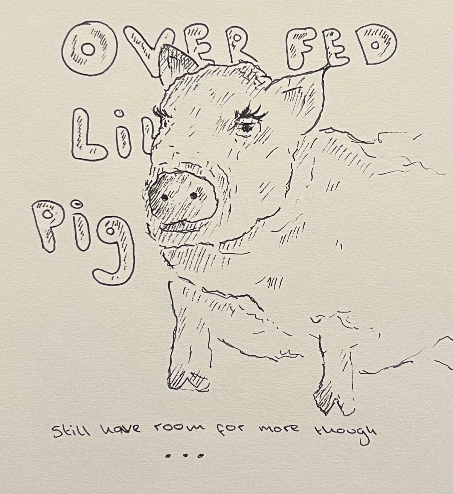 Little pen sketch of a pig with the words “over fed little pig” behind it, to represent how much meals I’ve eaten today but still have room for more
