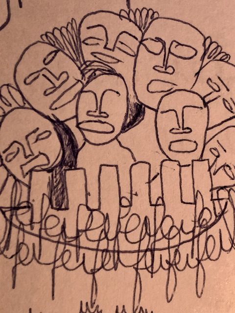 Faces gathered , with a blue pen, all on the same model, surrounded by repeated syllables