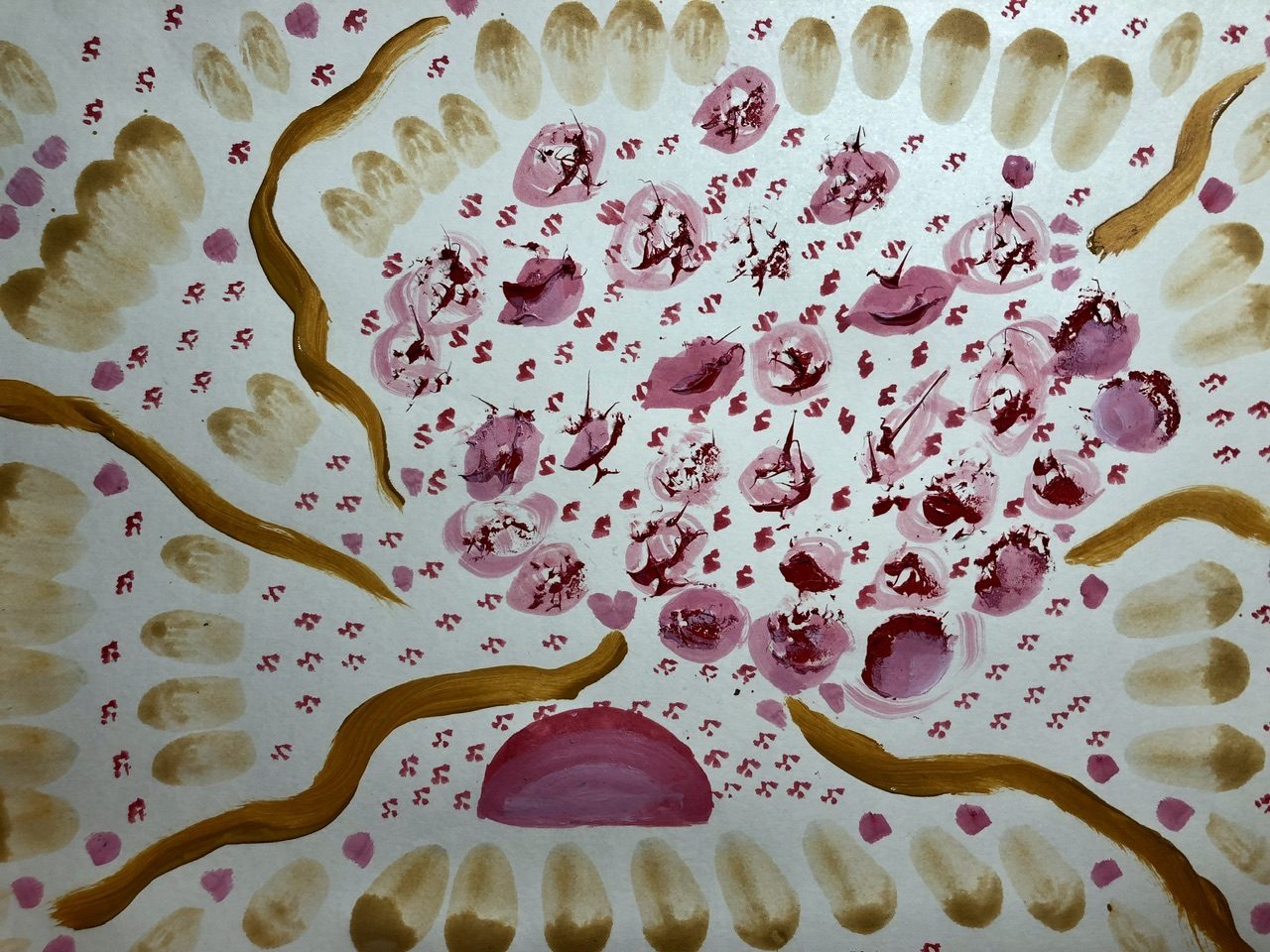 Abstract circular pattern with red pink and ochre marks… as if kisses hearts and rays of light