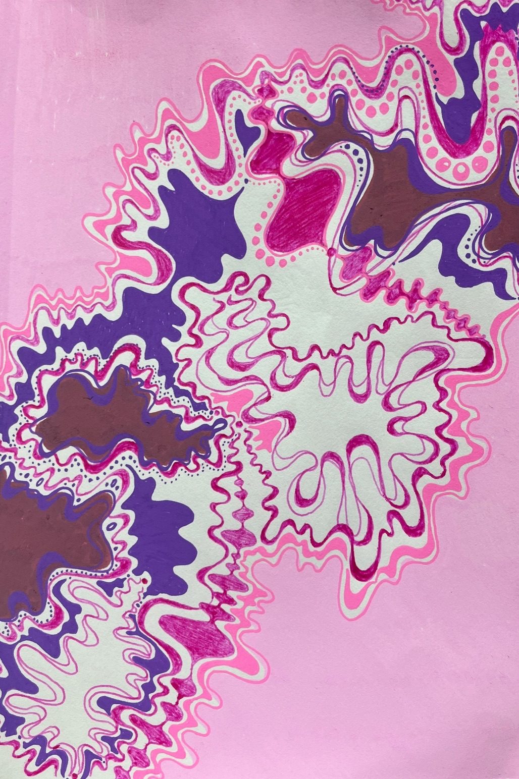A series of swirly lines and funky shapes in pink tones, varying from pink byro to dark purple fineliner.