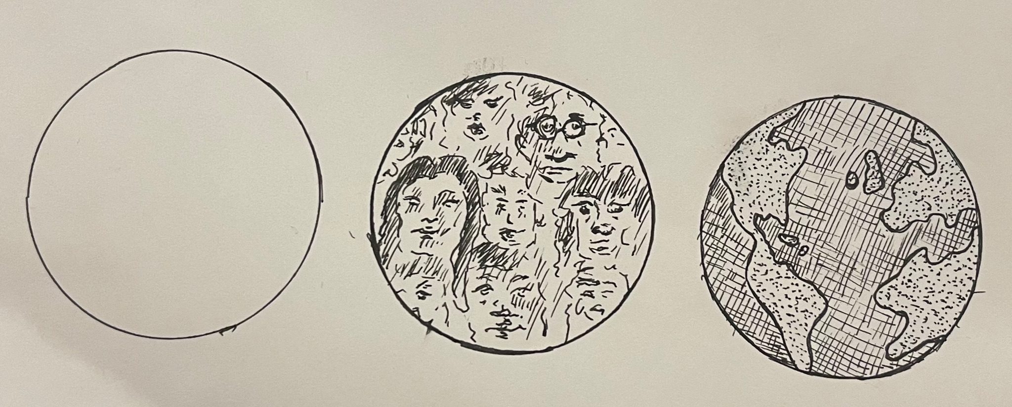 3 singular circles, one empty, one with faces and one that’s earth