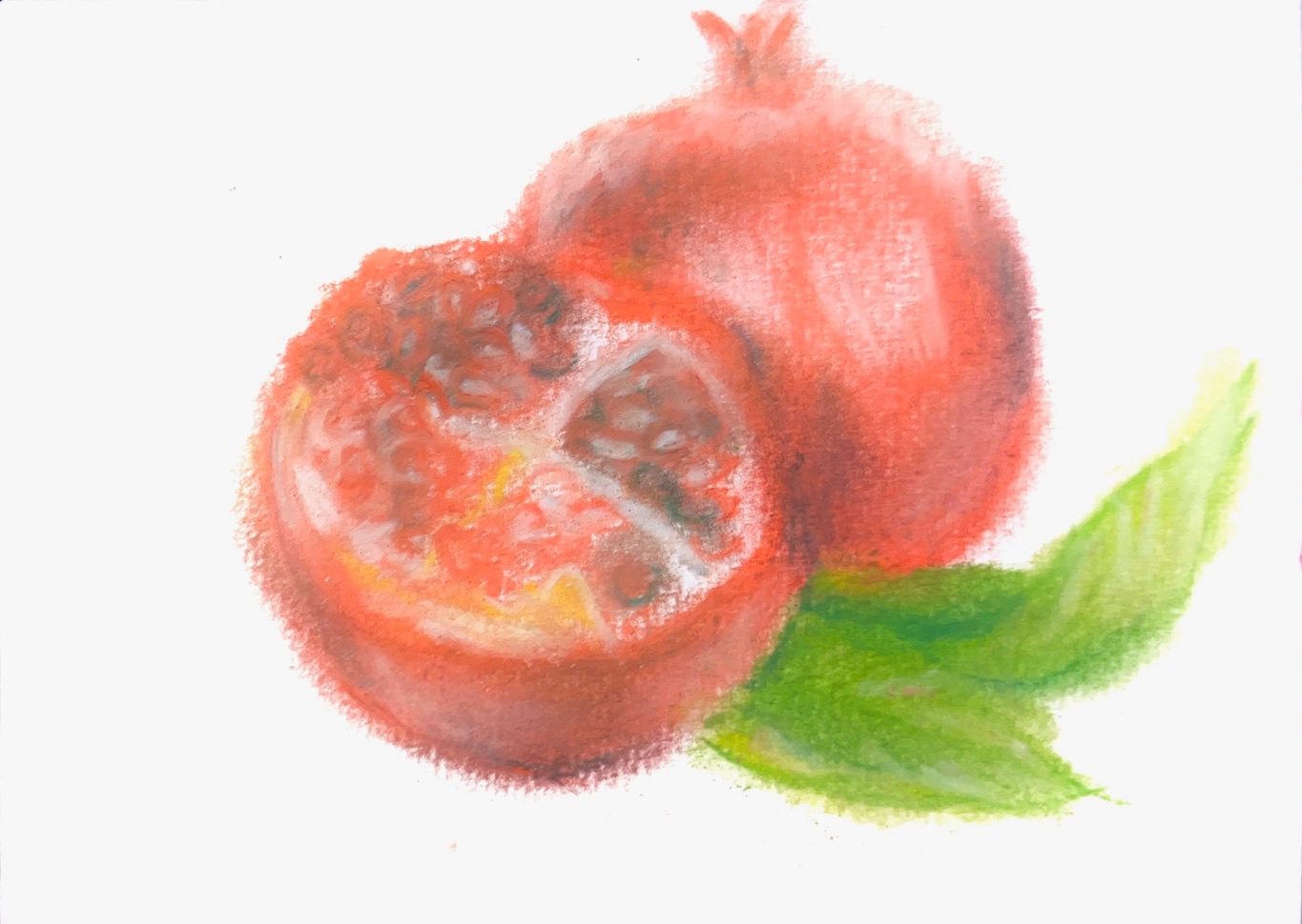 A soft pastel observational miniature of a split pomegranate with two leaves beside it .