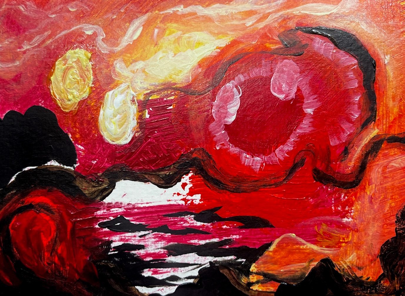 And abstract piece depicting circular elements of red white and yellow, with a black base at the bottom and weave throughout the canvas. Peeping white canvas between black ribboned acrylic paint and and highlighted ribbons through orange towards the top of the painting.