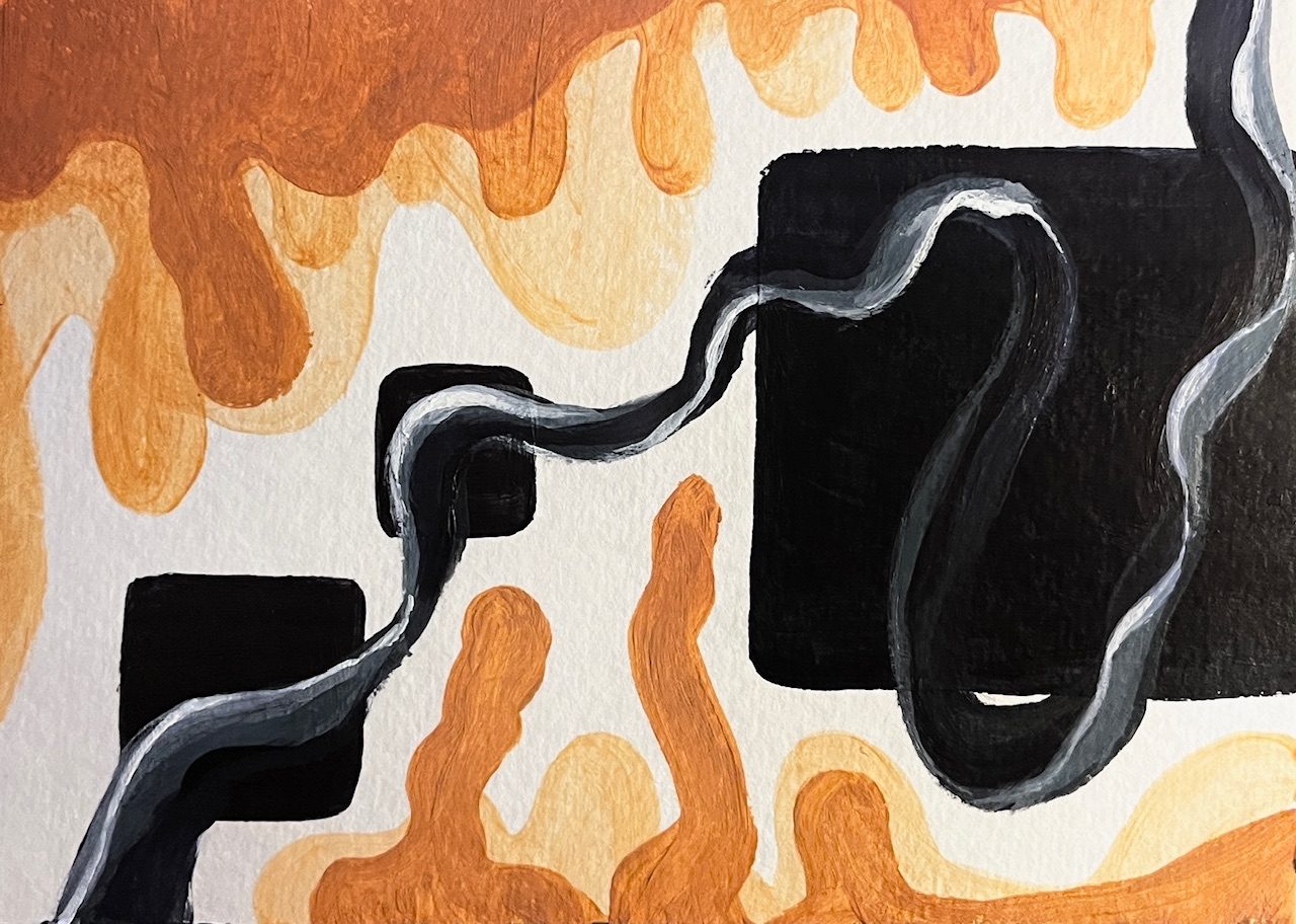 Black squares with a black/greyscale squiggly folding ribbon crossing through the three black boxes. Beige scale drop movements at the top and bottom of the page.