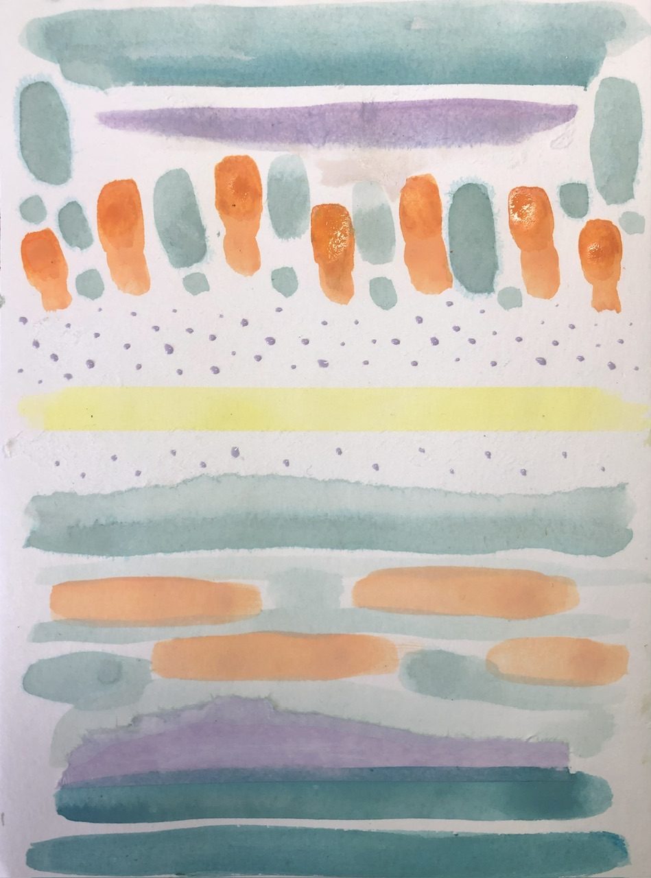 Abstract banded pattern inspired by the smattering of spring colours from rain puddles and clouds, sunshine, crocuses and snowdrops