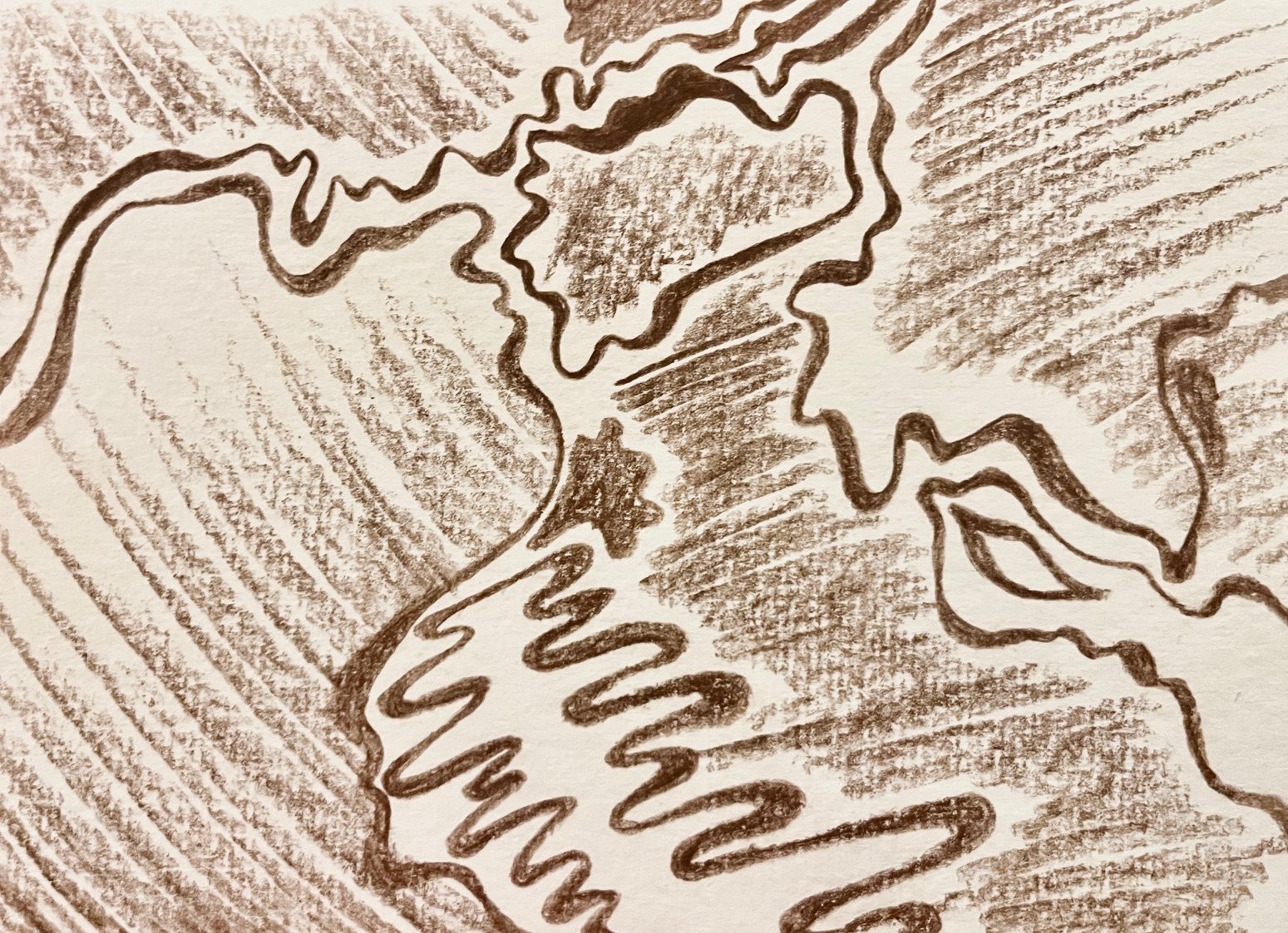 A series of wiggling and straight lines in brown watercolour, then to be distorted and lost when water is later added.