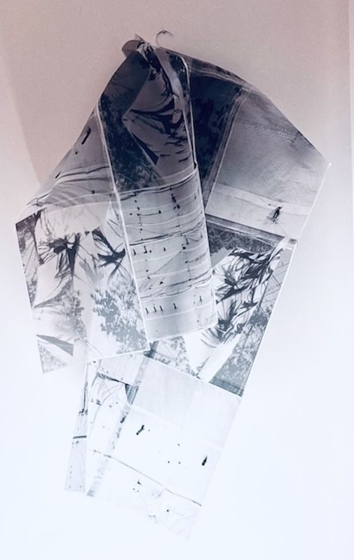 photocopied images of scaffolding and current work on my phone on to tracing paper sheets stithed by staples to make a transparent scarf