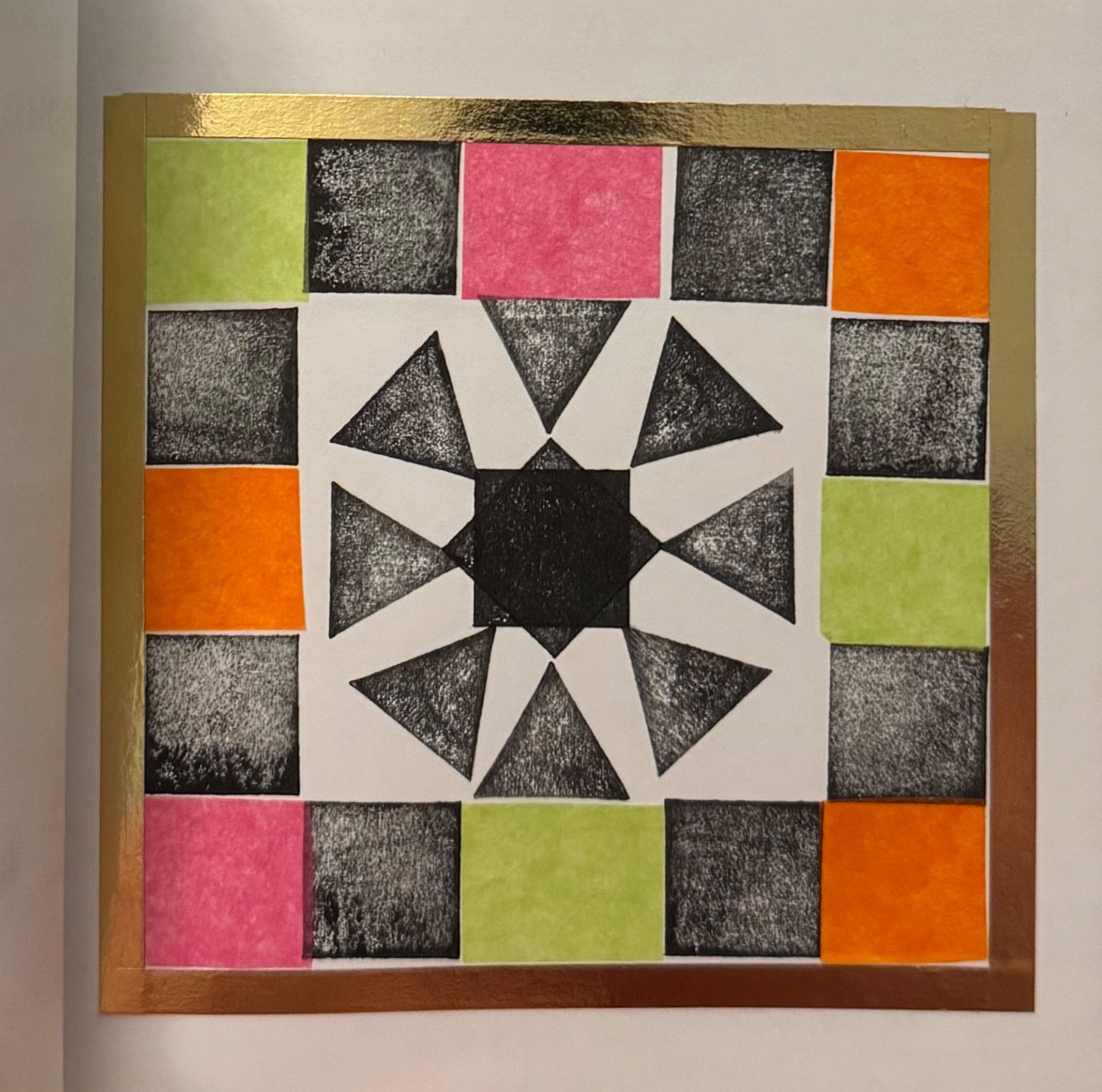 Black and white pattern with tissue paper in a taped square.