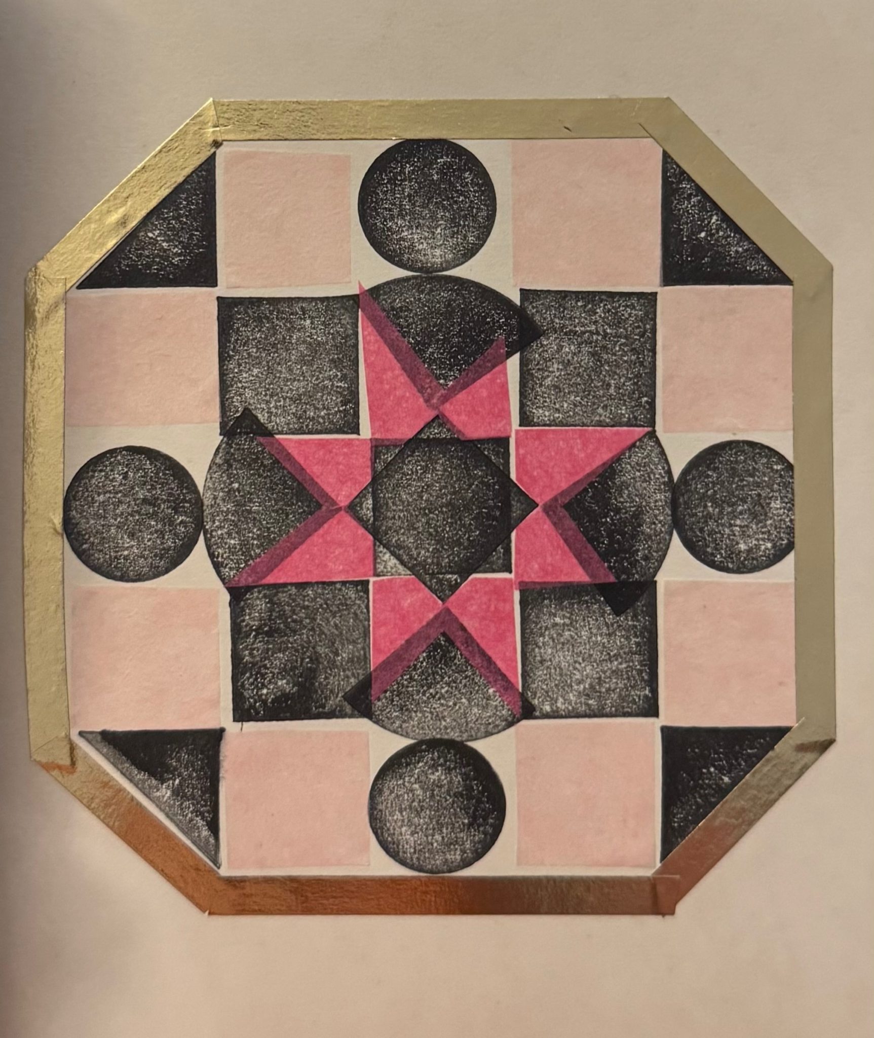 Black and white pattern with coloured tissue paper and tape frame.