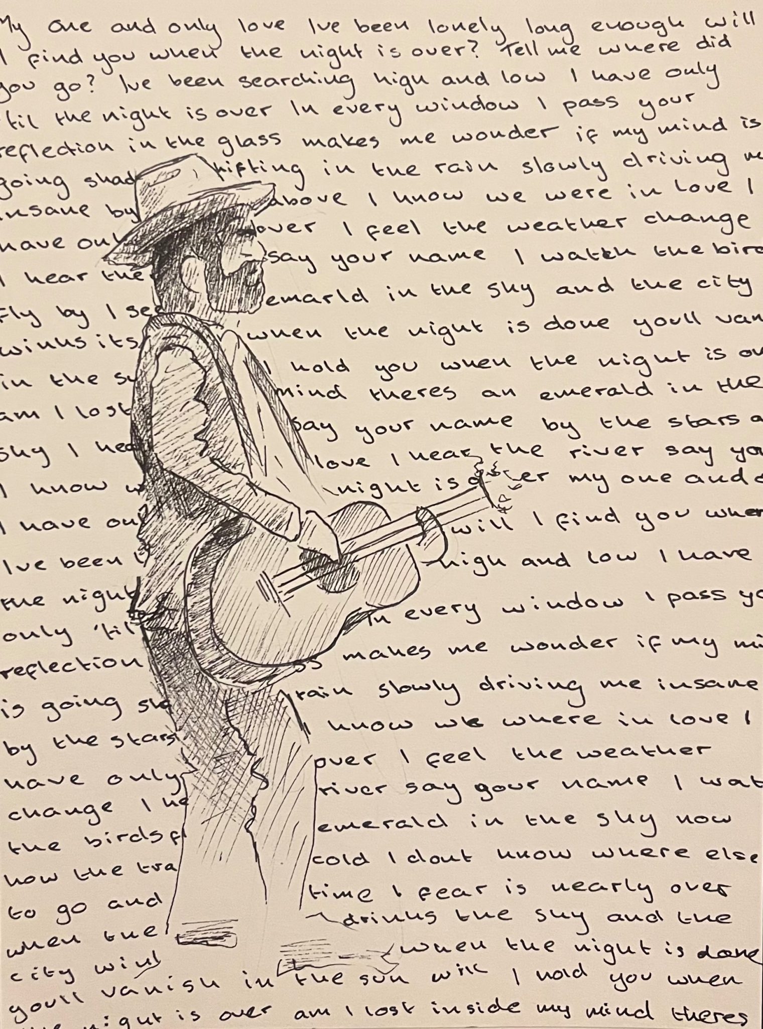 Pen drawing of lead singer of lord Huron with my favourite song lyrics written behind