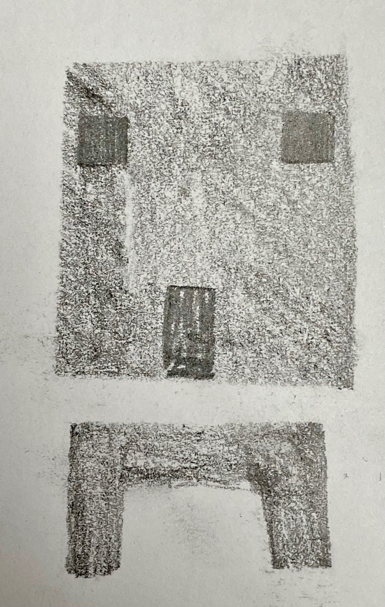 Pencilled stencil drawing of a flat rectangle dwelling shape sitting on top of a chunky bridge shaped base