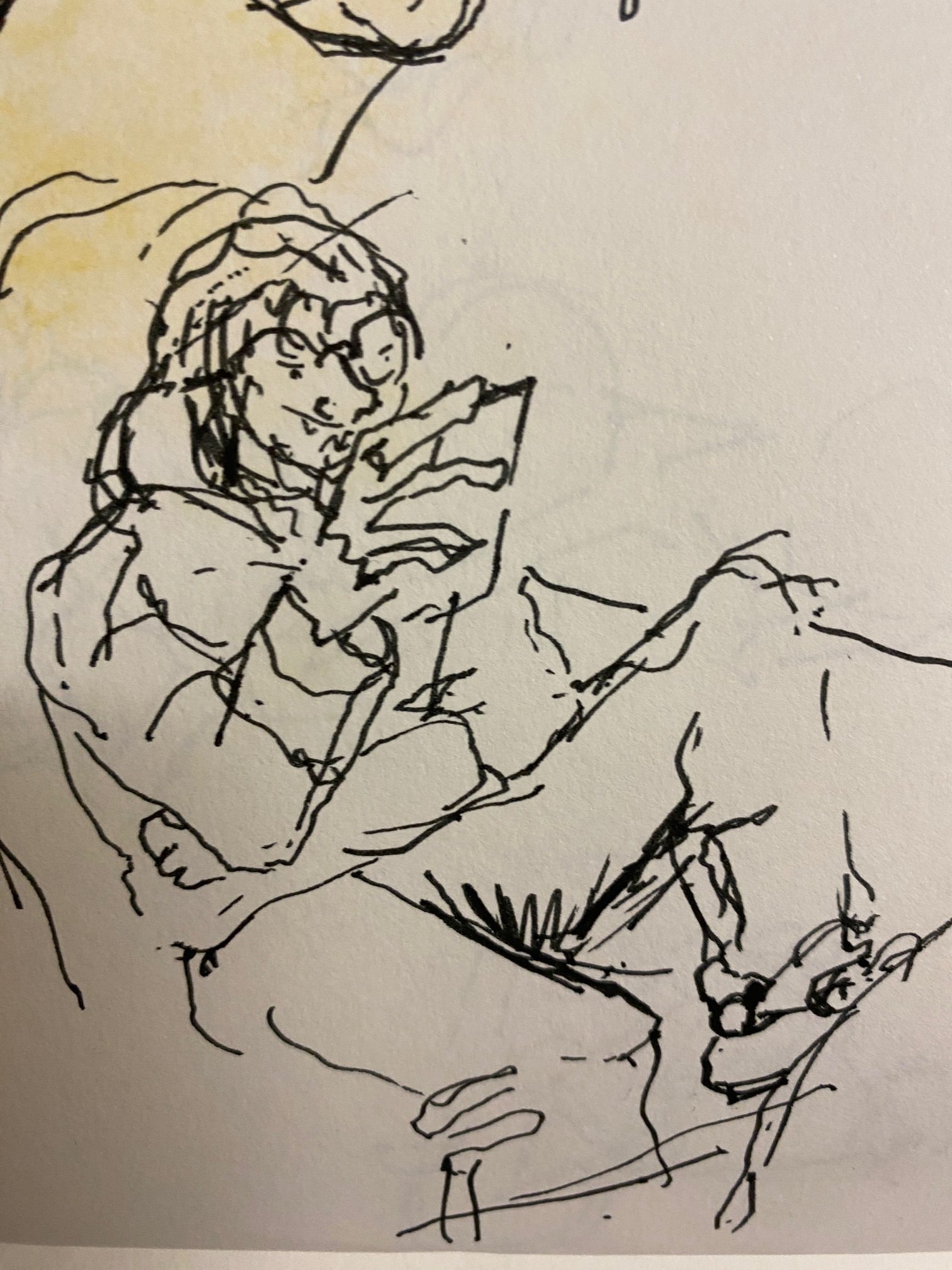 ink drawing figure looking at phone