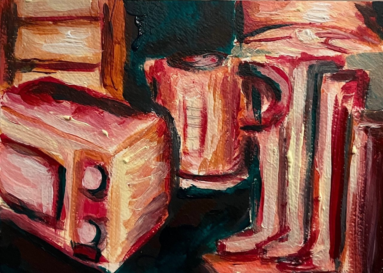 Inspired by the idea that everything had to be designed at some point and therefore everything is art. An acrylic painting of a kettle. Microwave, knife rack, lamp shade and door all overlapping one another with a dark green background and warm tones