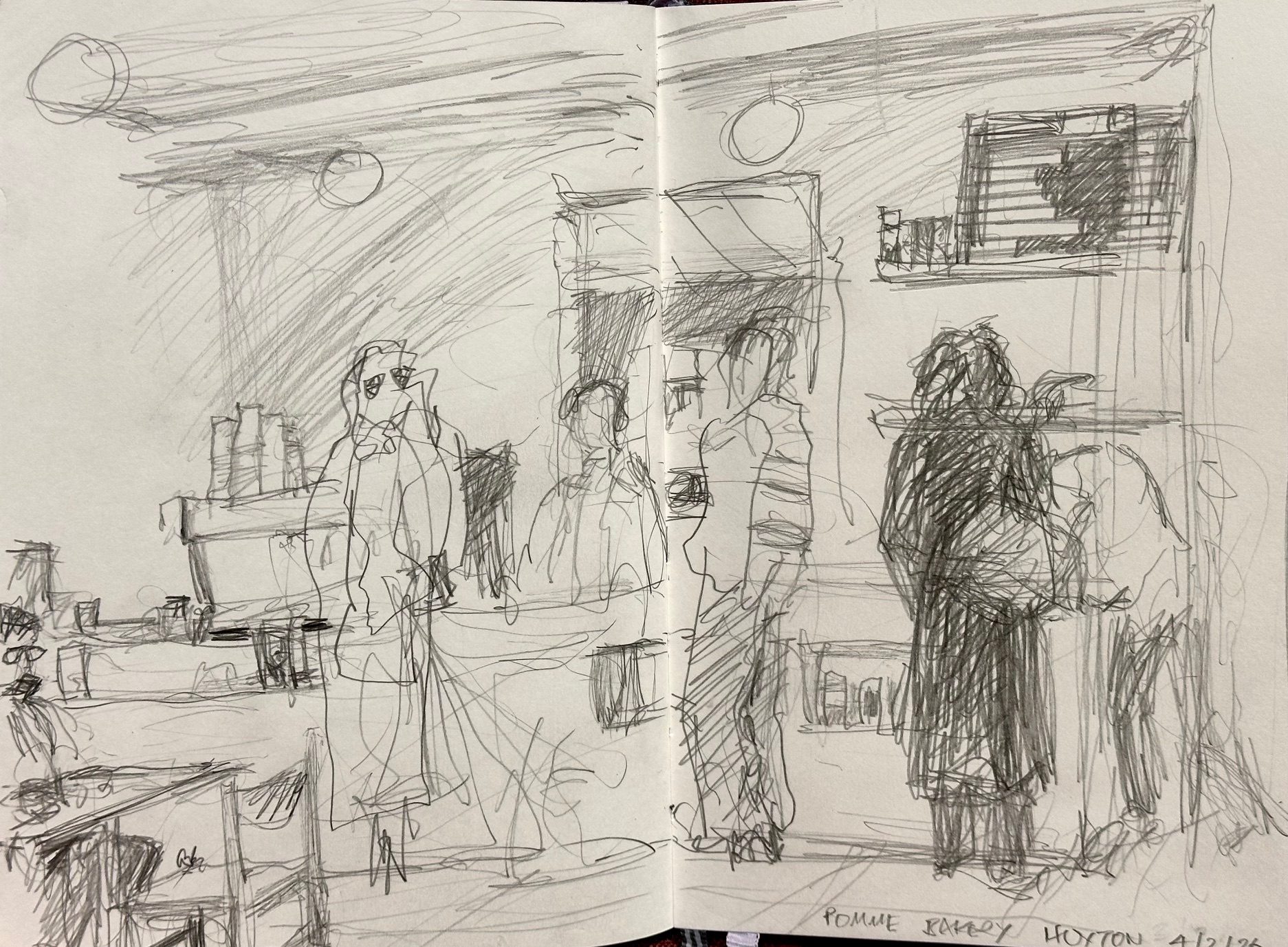 Pencil drawing. Interior of cafe with several figures.