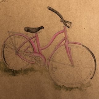 A pencil and watercolor drawing of my bike: , no other elements except some herbs under the wheels. The bike has a rounded fuchsia pink frame.