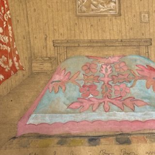 This is my room. Everything is made of honey-colored wood, so I used a drawing sheet of the same color, the drawing is in pencil and I only painted the curtain and the bed top with watercolor: red and white Tahitian curtain, light blue and pink tifaifai bedspread. There is a bedside table and a lamp