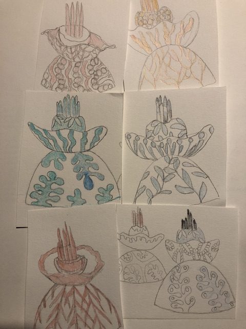 A series of 6 pencil and color pencil sketches to determine the decor of a gray earth work. The object is made of 2 half spheres glued together on each other. The upper sphere is filled with a volute and tips resembling a flower and its pistil