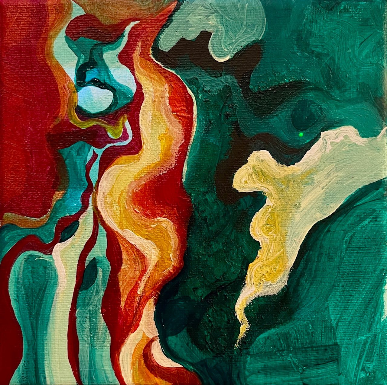 A warm red-tone palette juxtaposed with a dark green-tone palette nearly splitting down the middle with interwoven swirling movement.