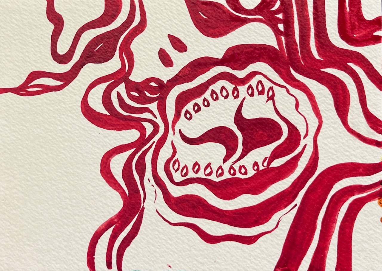 Watercolour red brush strokes abstracting a screaming face.