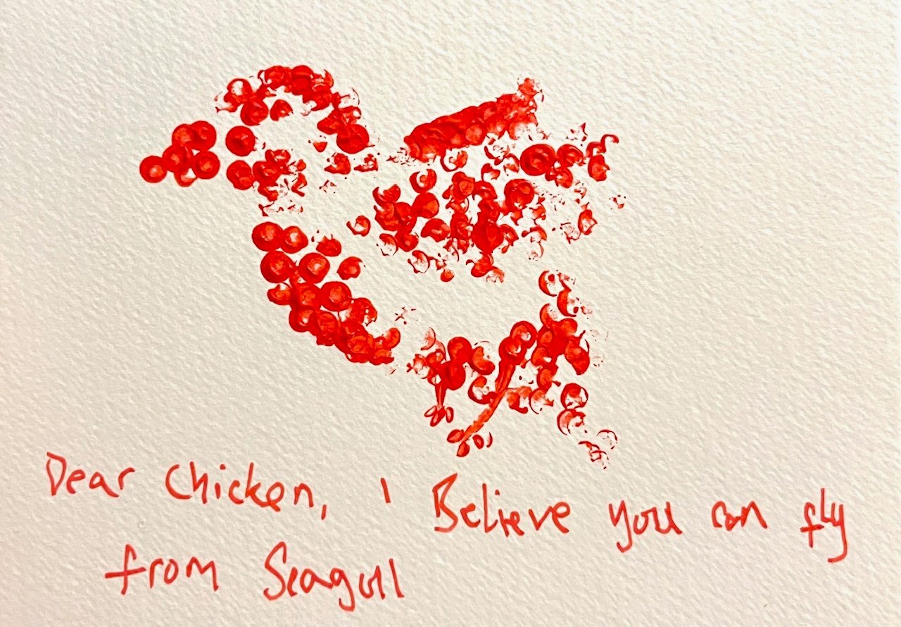 A simple image of bird created with red dots with a message reading “dear chicken; I believe you can fly from seagull”