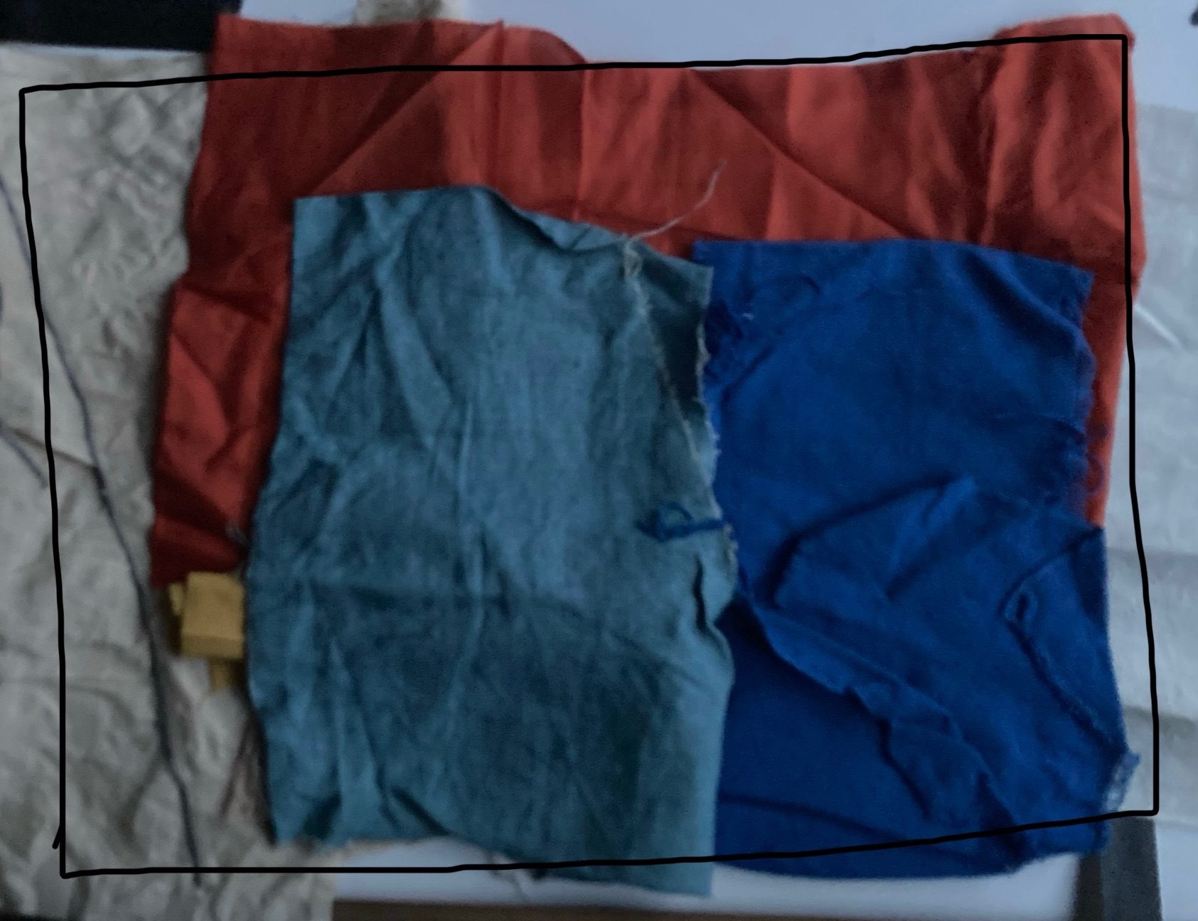 Collaged linen and silk under glass w/drawn line